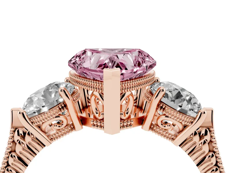 Fancy Pink Heart Cut Diamond Three-Stone Ring Set in Rose gold with Milgrain Band