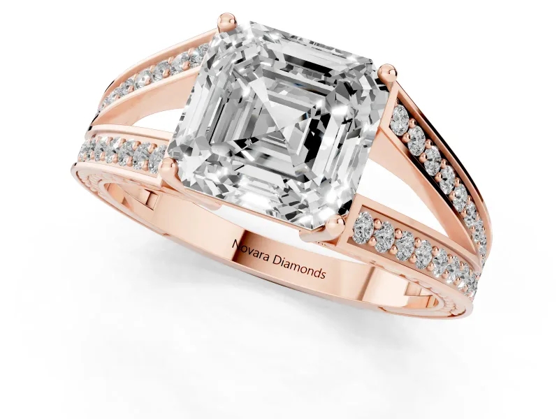 Asscher Cut Diamond Split Shank Ring Set in Rose gold with Pavé Band and Prong Setting