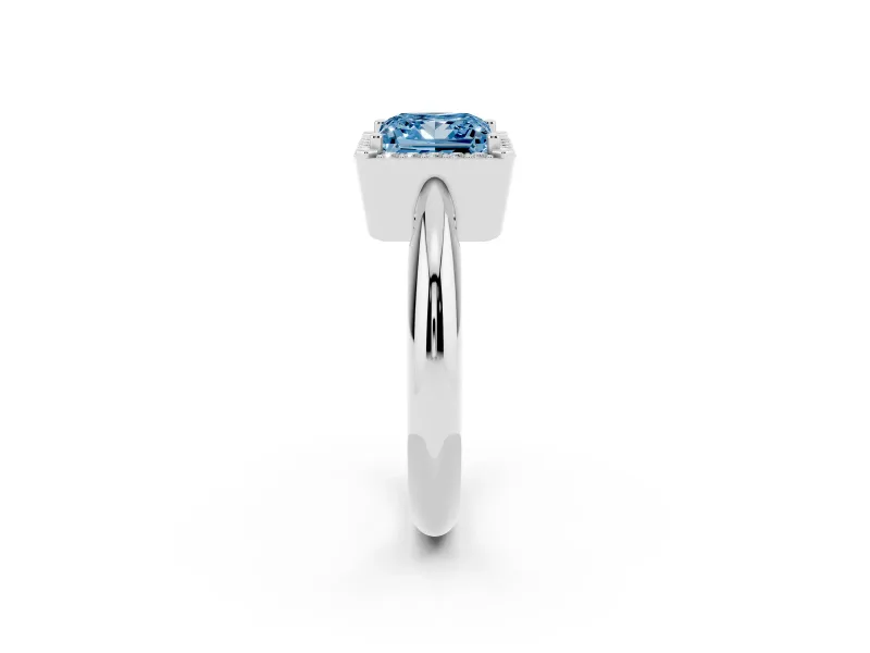Fancy Blue Princess Cut Diamond Halo Engagement Ring Set in White gold with Plain Split Shank and Prong Setting