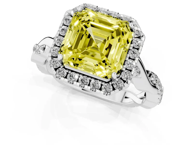 Asscher Cut Twist Halo Engagement Ring Setting for a Fancy Yellow Lab-Grown Diamond | Platinum