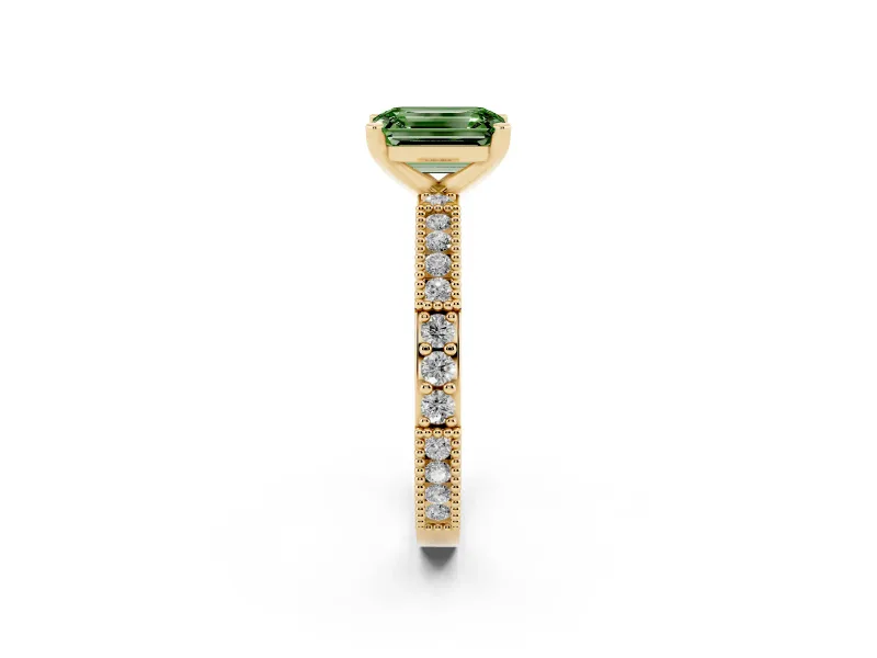 Fancy Green Emerald Cut Diamond Solitaire Ring Set in Yellow gold with Slim Pavé Band and Prong Setting