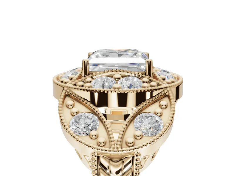 Princess Cut Vintage Floral Halo Engagement Ring Setting | Engraved Milgrain Band | Yellow Gold