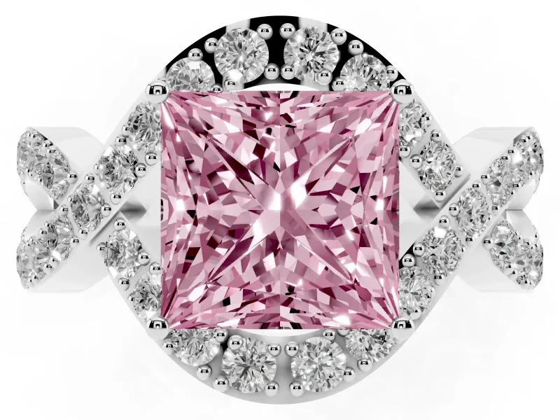 Fancy Pink Princess Cut Diamond Solitaire Twist Band Pavé Engagement Ring Set in Platinum