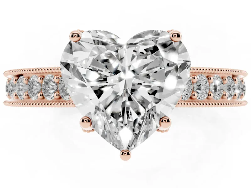 Heart-Shaped Vintage Hidden Halo Engagement Ring Setting | Milgrain Pave Band | Rose Gold