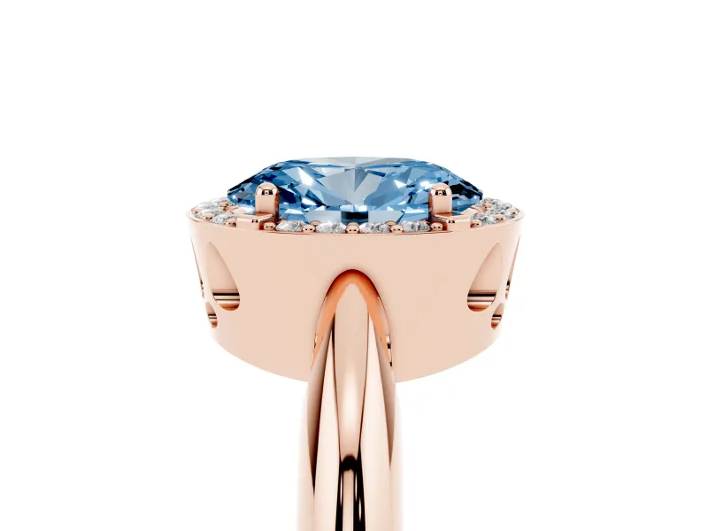 Fancy Blue Oval Cut Diamond Halo Engagement Ring Set in Rose gold with Plain Split Shank and Prong Setting