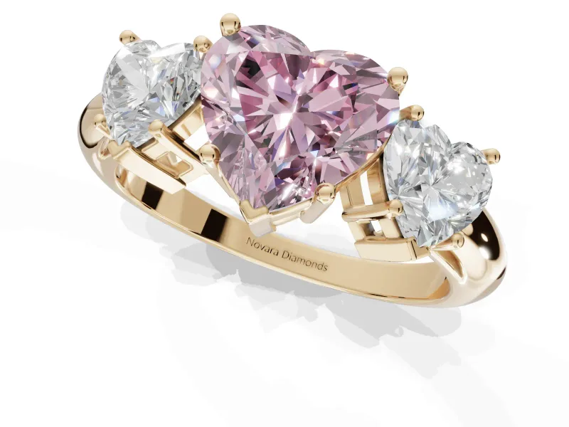 Heart-Shaped Three Stone Engagement Ring Setting for a Fancy Pink Lab-Grown Diamond | Plain Band | Yellow Gold