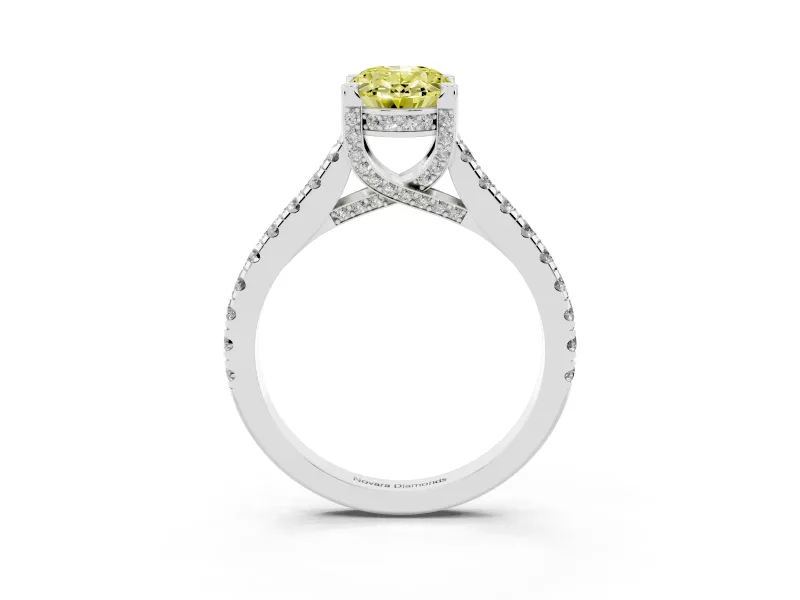 Oval Hidden Halo Pave Engagement Ring Setting for a Fancy Yellow Lab-Grown Diamond | Claw Prongs | Platinum