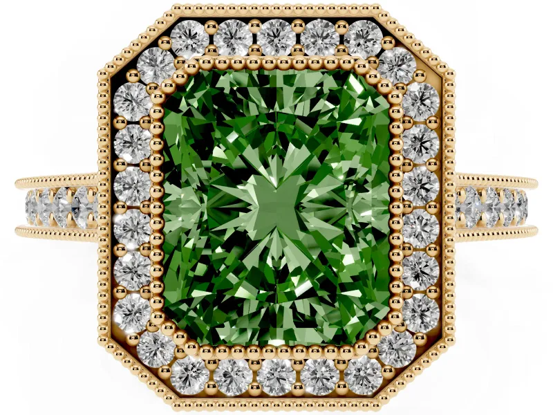 Radiant Cut Vintage Milgrain Halo Engagement Ring Setting for a Fancy Green Lab-Grown Diamond | Bezel Head | Yellow Gold