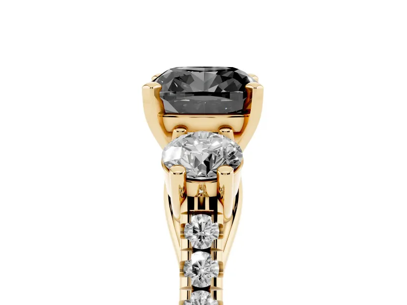Fancy Black Three-Stone Cushion Cut Diamond Pavé Band Ring Set in Yellow gold with Prong-Set Trio