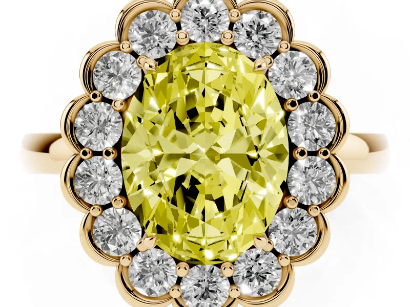 Oval Scalloped Cluster Halo Engagement Ring Setting for a Fancy Yellow Lab-Grown Diamond | Plain Band | Yellow Gold
