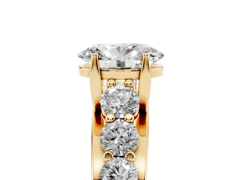 Oval Graduated Side Stone Engagement Ring Setting | Shared Prong Rails | Yellow Gold