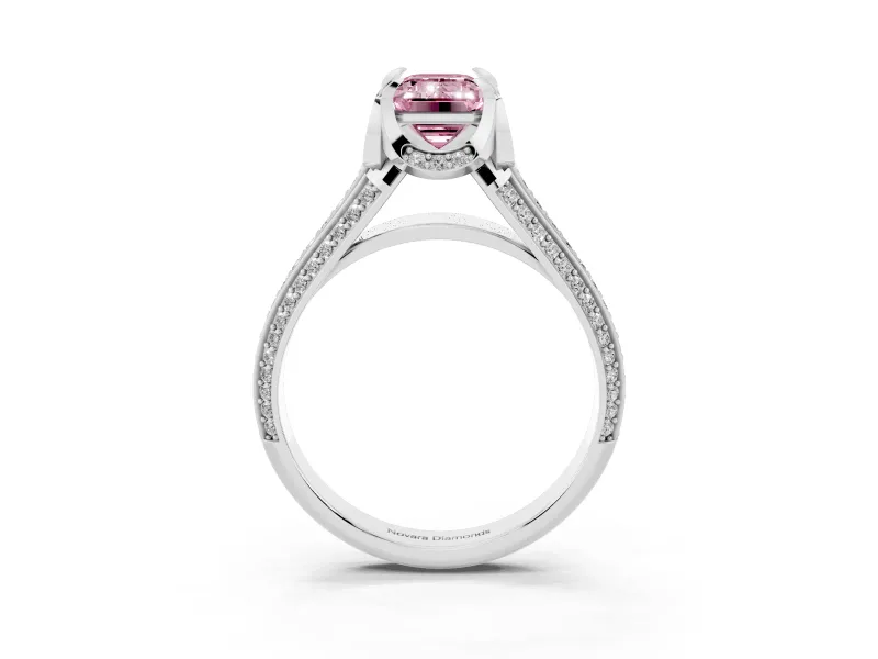 Fancy Pink Emerald Cut Diamond Pavé Split Shank Solitaire Ring Set in Platinum with Prong Setting