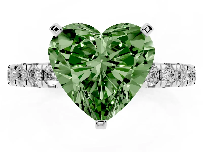 Fancy Green Heart Cut Diamond Pavé Solitaire Ring Set in Silver with Round Band and Prong Setting