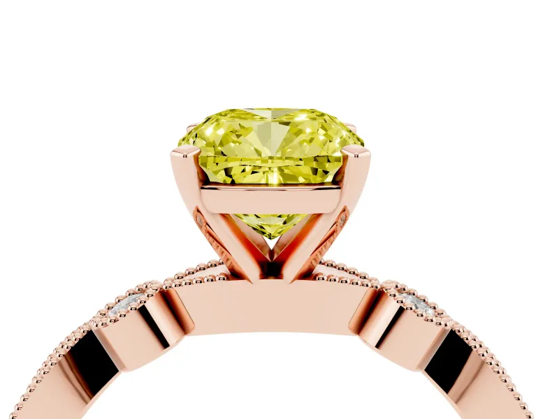 Fancy Yellow Cushion Cut Diamond Solitaire Engagement Ring Set in Rose gold with Milgrain Bezel Accent Band