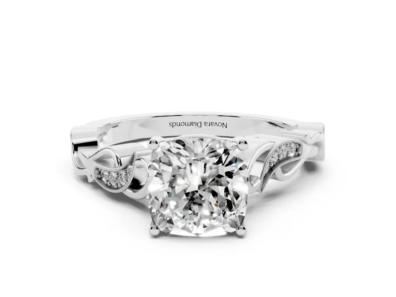 Cushion Cut Diamond Vine Band Solitaire Ring Set in White gold with Milgrain Prong Setting