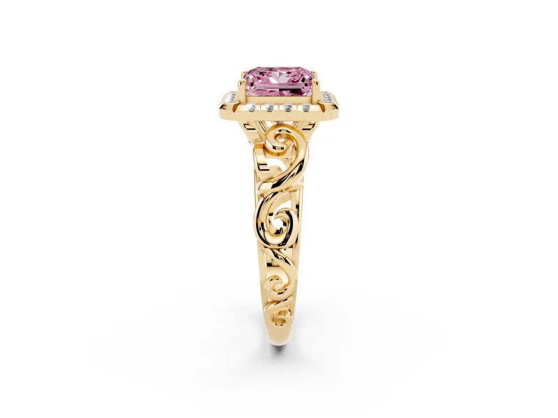 Princess Cut Filigree Halo Engagement Ring Setting for a Fancy Pink Lab-Grown Diamond | Yellow Gold