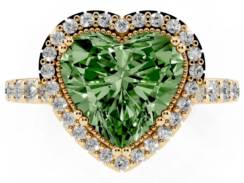 Heart-Shaped Milgrain Halo Engagement Ring Setting for a Fancy Green Lab-Grown Diamond | Pavé Band | Yellow Gold