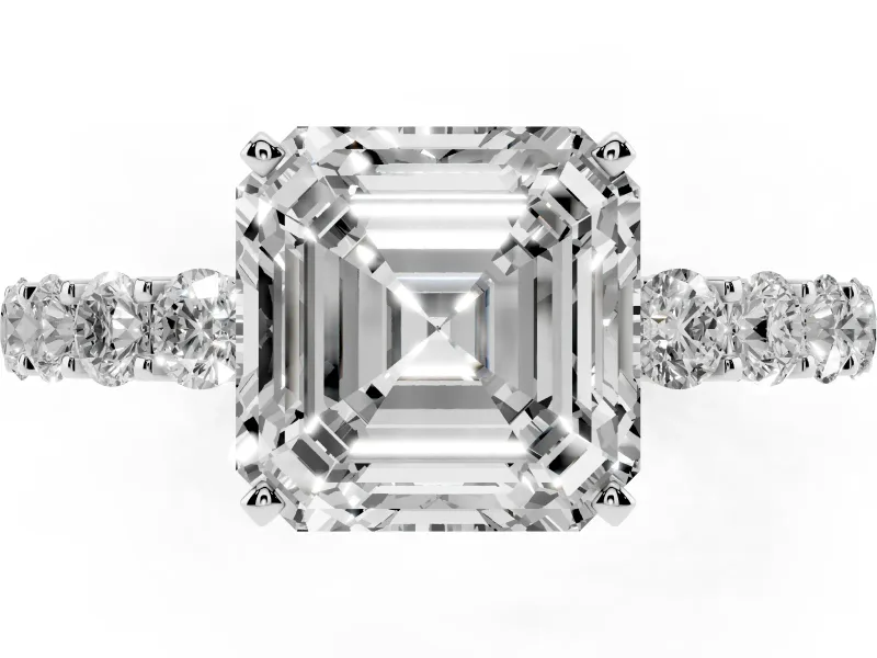 Asscher Cut Shared Prong Engagement Ring Setting | Two-Row Band | Sterling Silver