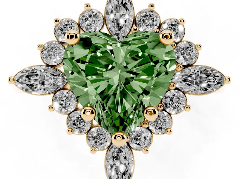 Fancy Green Heart Cut Diamond Cluster Halo Ring Set in Yellow gold with Marquise and Round Accents