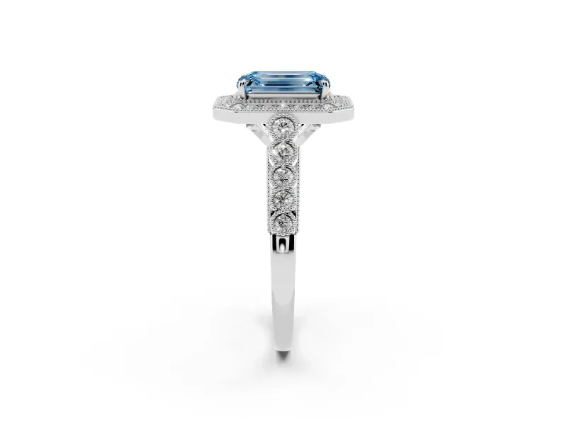 Emerald Cut Graduated Milgrain Halo Engagement Ring Setting for a Fancy Blue Lab-Grown Diamond | Sterling Silver