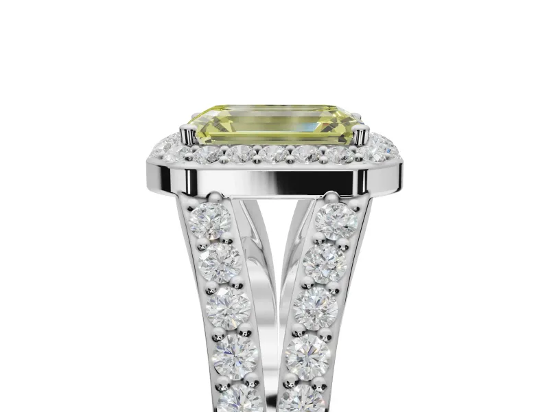 Emerald Cut Halo Pavé Engagement Ring Setting for a Fancy Yellow Lab-Grown Diamond | Narrow Split Shank | Platinum