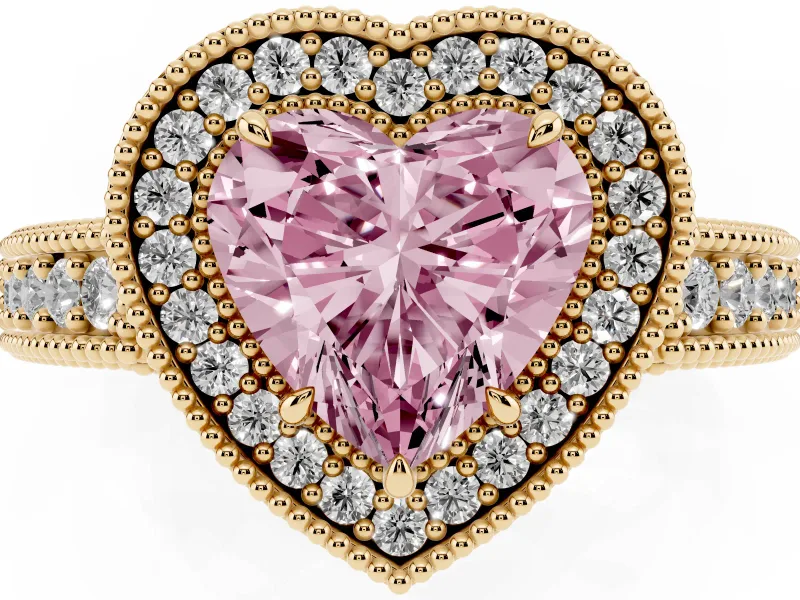 Heart-Shaped Milgrain Halo Engagement Ring Setting for a Fancy Pink Lab-Grown Diamond | Carved Leaf Detail | Yellow Gold