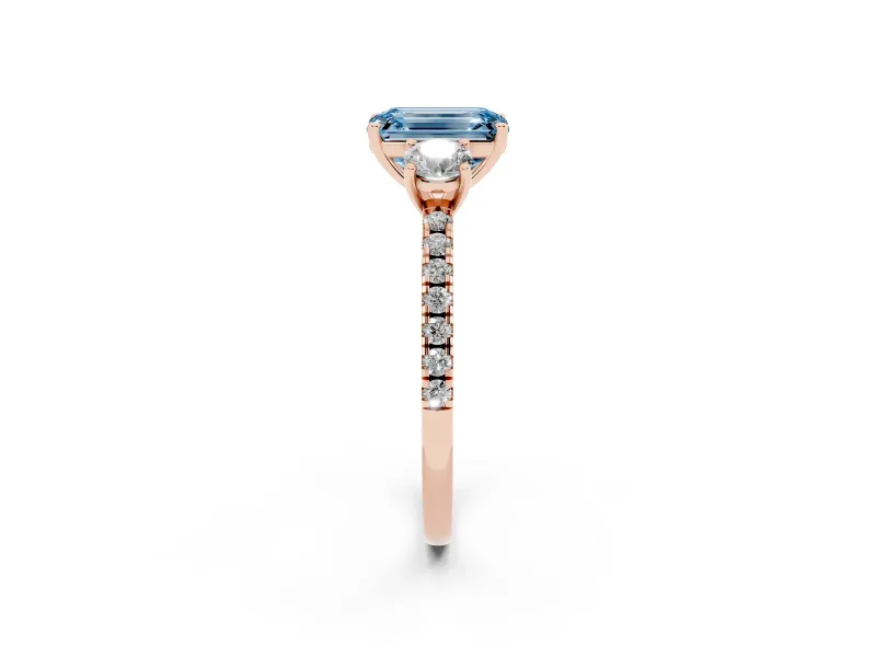 Emerald Cut Three Stone Engagement Ring Setting for a Fancy Blue Lab-Grown Diamond | Pave Shoulders | Rose Gold