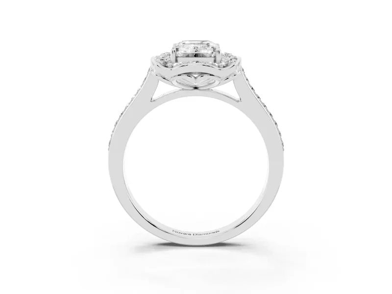 Emerald Cut Petal Tip Halo Engagement Ring Setting | Single Row Pavé Band | Platinum