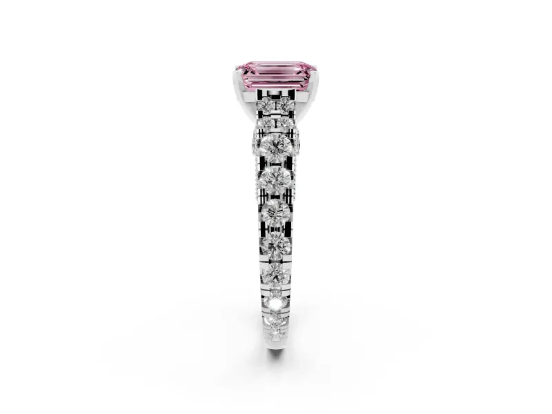 Fancy Pink Emerald Cut Diamond Classic Solitaire Ring Set in Silver with Pavé Band and Prong Setting