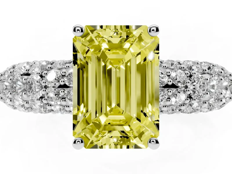 Emerald Cut Close Set Pave Engagement Ring Setting for a Fancy Yellow Lab-Grown Diamond | Multi Row | Sterling Silver