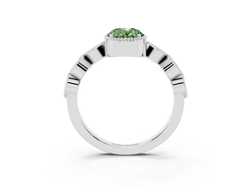 Fancy Green Oval Cut Diamond Vintage-Inspired Milgrain Ring Set in Silver with Marquise Stations of Round Accents