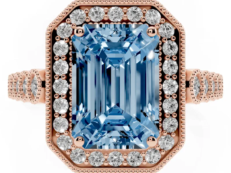 Emerald Cut Graduated Milgrain Halo Engagement Ring Setting for a Fancy Blue Lab-Grown Diamond | Rose Gold