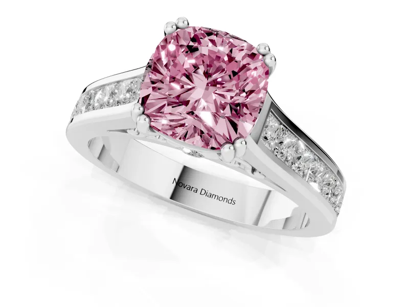 Cushion Cut Channel Engagement Ring Setting for a Fancy Pink Lab-Grown Diamond | White Gold - Design NV-24671