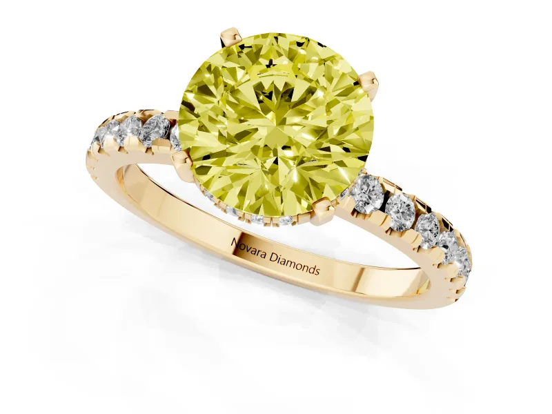 Round Hidden Halo Solitaire Engagement Ring Setting for a Fancy Yellow Lab-Grown Diamond | Pave Band | Yellow Gold