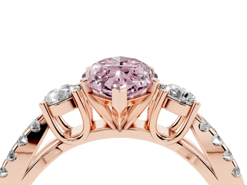 Fancy Pink Marquise Cut Diamond Three-Stone Ring Set in Rose gold with Pavé Split Shank and Prong Setting