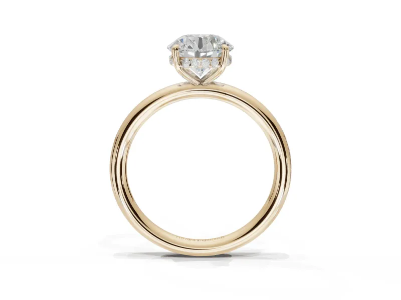 Round Hidden Halo Engagement Ring Setting | Thin Plain Band | Yellow Gold