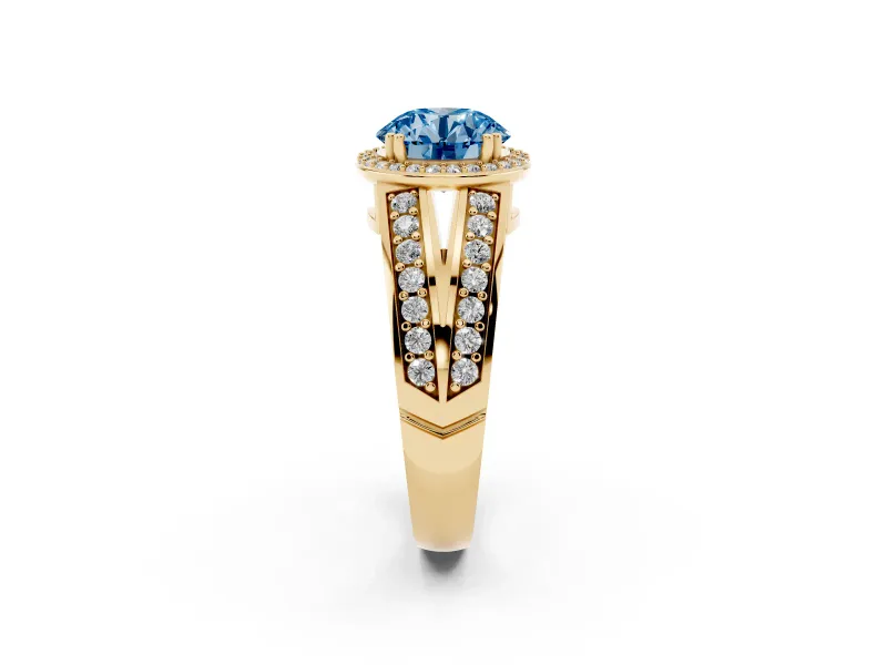 Round Halo Engagement Ring Setting for a Fancy Blue Lab-Grown Diamond | Split Shank | Yellow Gold