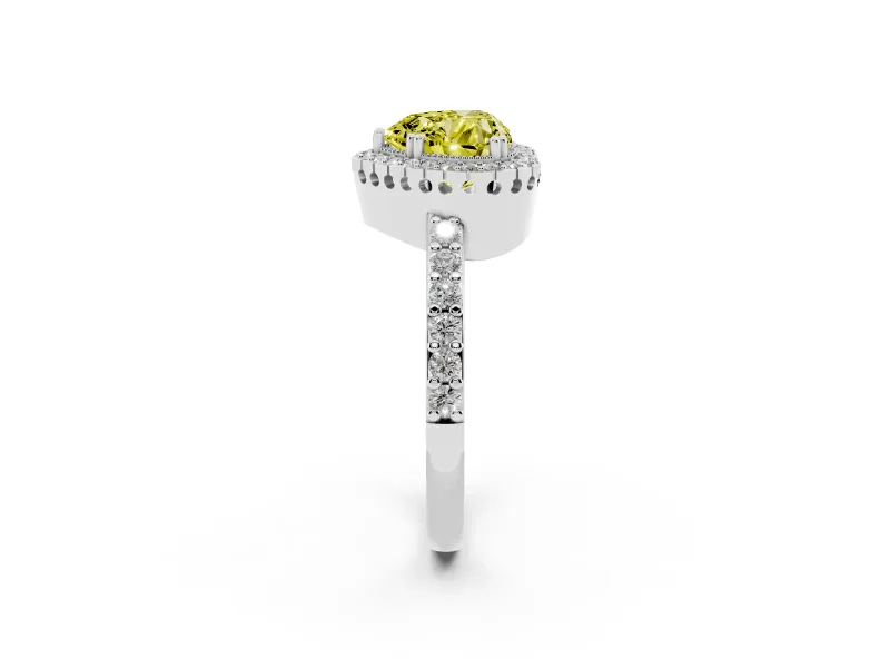 Fancy Yellow Heart Cut Diamond Halo Engagement Ring Set in White gold with Milgrain Detail and Pavé Band