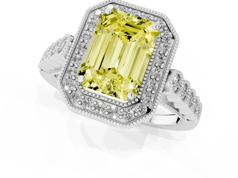 Emerald Cut Graduated Milgrain Halo Engagement Ring Setting for a Fancy Yellow Lab-Grown Diamond | Sterling Silver