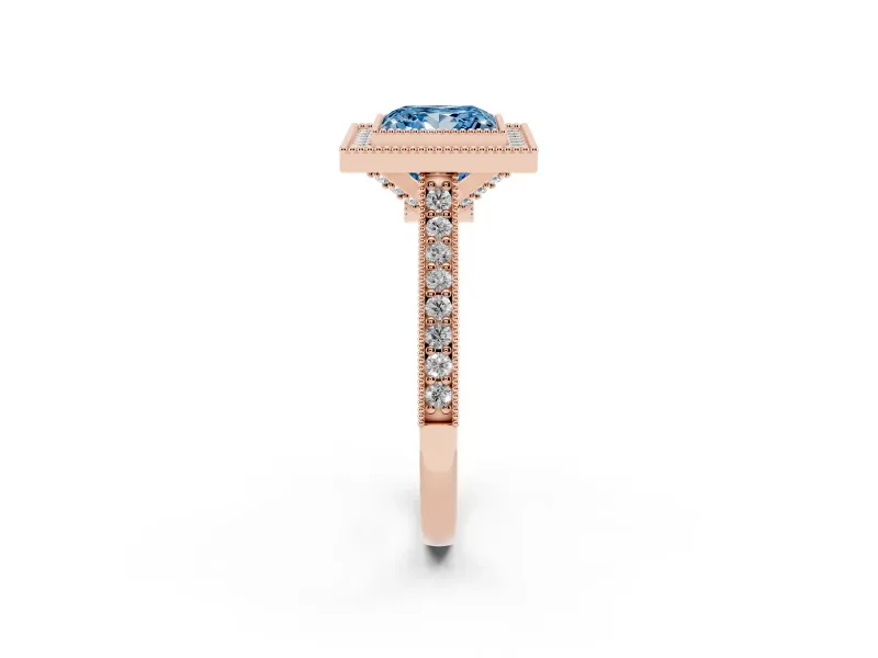 Princess Cut Vintage Milgrain Halo Engagement Ring Setting for a Fancy Blue Lab-Grown Diamond | Bezel Head | Rose Gold