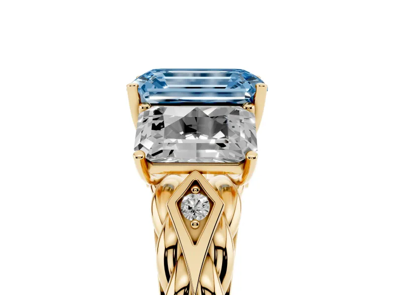 Emerald Cut Three Stone Engagement Ring Setting for a Fancy Blue Lab-Grown Diamond | Braided Band | Yellow Gold
