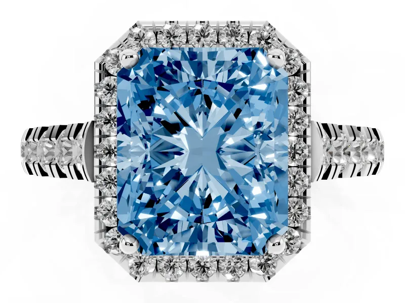 Radiant Cut Halo Engagement Ring Setting for a Fancy Blue Lab-Grown Diamond | Shared Prong Shoulders | Sterling Silver