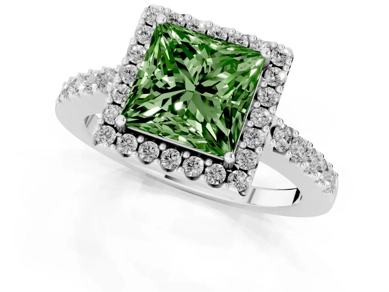 Princess Cut Halo Engagement Ring Setting for a Fancy Green Lab-Grown Diamond | Single Row Pavé Band | White Gold