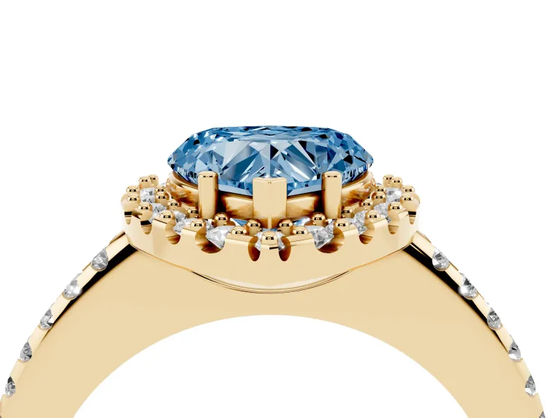 Heart-Shaped Pave Halo Engagement Ring Setting for a Fancy Blue Lab-Grown Diamond | Pave Band | Yellow Gold