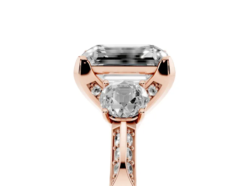 Emerald Cut Hidden Halo Three Stone Engagement Ring Setting | Pave Gallery | Rose Gold
