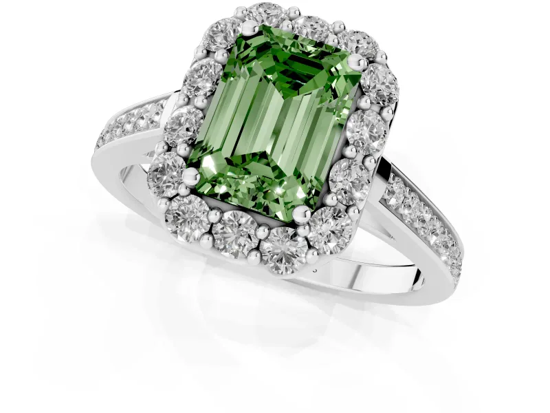 Fancy Green Emerald Cut Diamond Floral Halo Ring Set in Silver with Pavé Band and Prong Setting