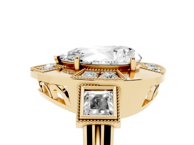 Pear Cut Diamond Milgrain Halo Ring Set in Yellow gold with Split Shank