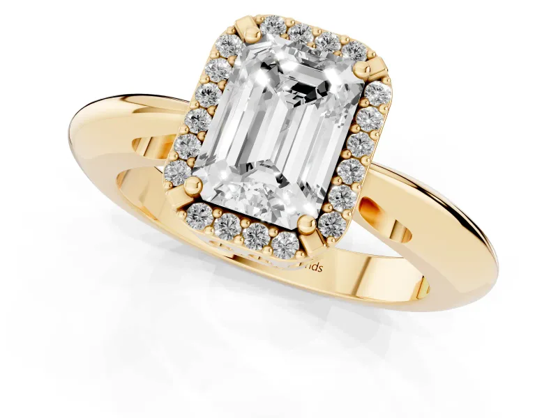 Emerald Cut Diamond Halo Engagement Ring Set in Yellow gold with Plain Split Shank and Prong Setting
