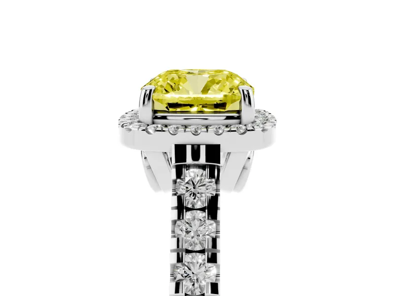 Cushion Cut Halo Engagement Ring Setting for a Fancy Yellow Lab-Grown Diamond | Shared Prong Shoulders | Sterling Silver