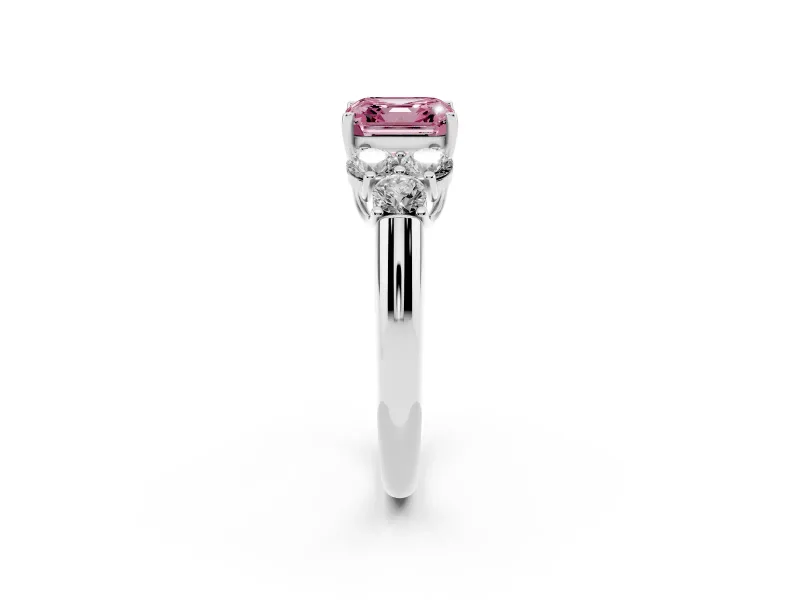 Fancy Pink Asscher Cut Diamond Cluster Ring Set in Silver with Round Accent Stones and Prong Setting on a Plain Band